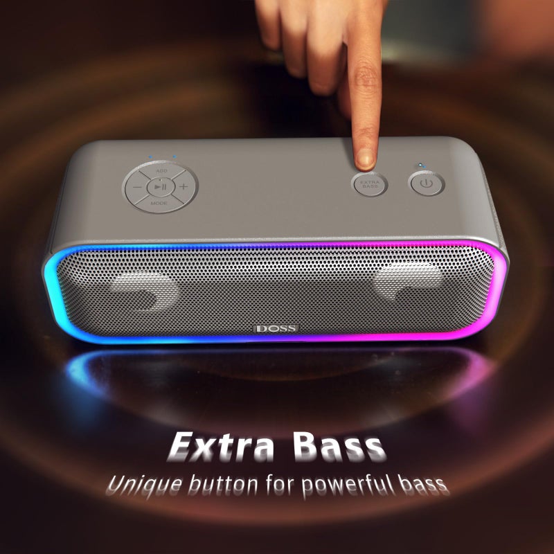 DOSS SoundBox Pro+ Bluetooth Speaker, Immersive 24W Stereo Sound with Booming Bass, IPX6 Waterproof, 15H Playtime, Mixed Colors Lights, Wireless for Backyard, Hiking, Garage, Party-Grey - Image 4